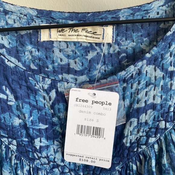 Free People Cool Meadow Blue Printed Peasant Blouse Sz Small NWT - Picture 6 of 8